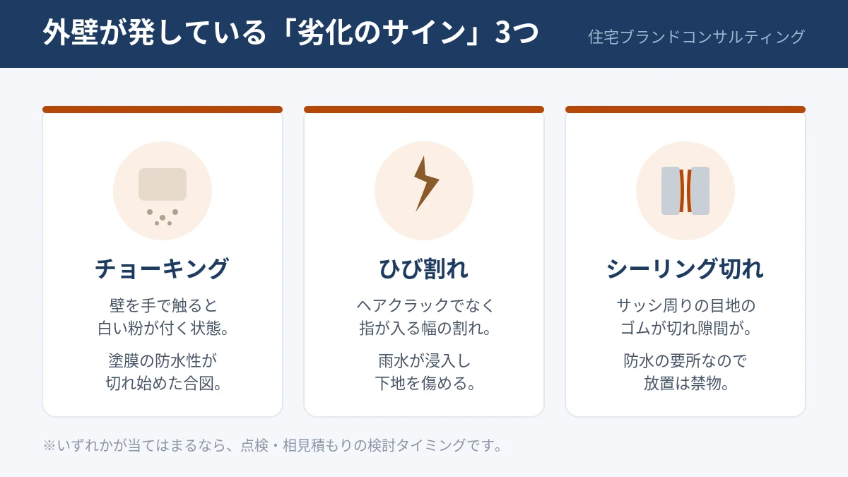 外壁の劣化サイン(チョーキング・ひび割れ・シーリング切れ)の図解